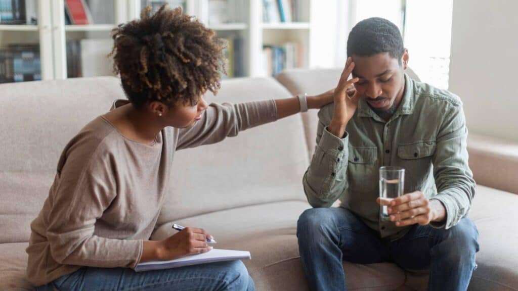 Man receiving professional care for benzodiazepine dependence.